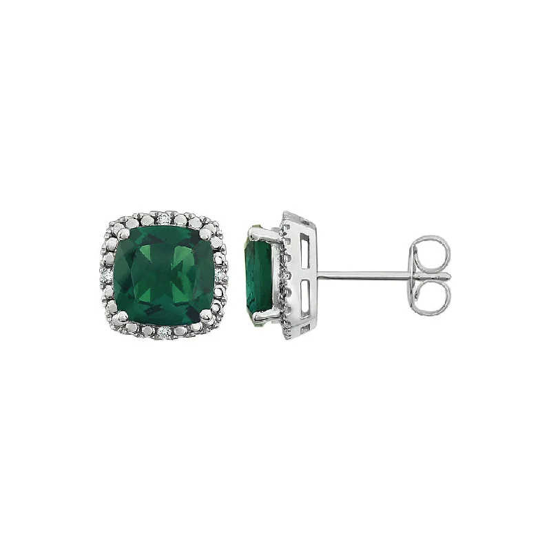 Ladies earrings holiday gifts-Created Emerald & Diamond 10mm Earrings in 14k White Gold