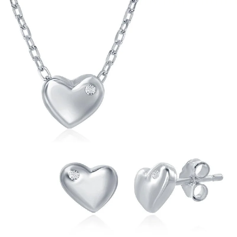 Ladies necklaces care tips-Sterling Silver Heart with Single CZ Necklace and Earrings Set