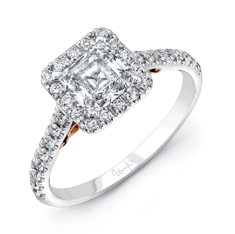 Ladies engagement rings three-stone-Uneek Fiorire Princess-Cut Diamond Engagement Ring with Square Halo and Pave Shank