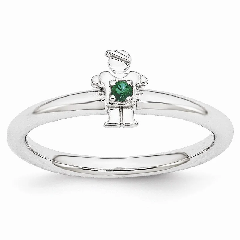 Ladies ring pinky styles-Rhodium Plated Sterling Silver Stackable Created Emerald 7mm Boy Ring