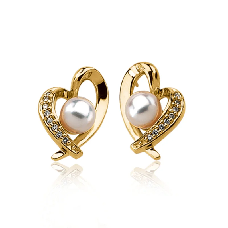 Ladies earrings chandelier styles-Akoya Cultured Pearl, 1/6 Ctw Diamond & 14k Yellow Gold Heart Earrings