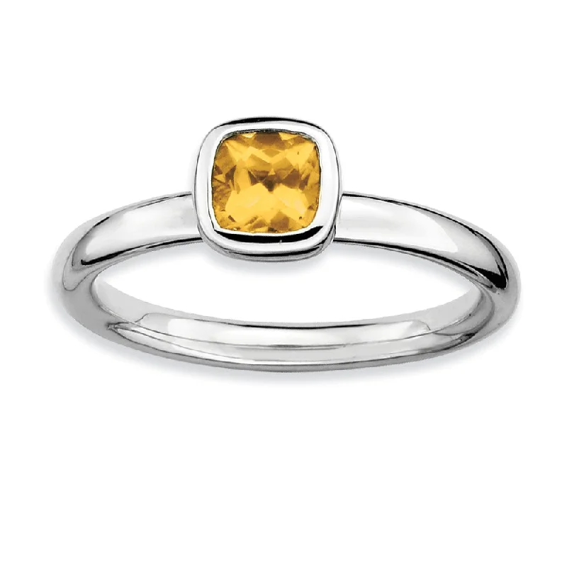 Ladies ring proposal choice-Silver Stackable Cushion Cut Citrine Solitaire Ring