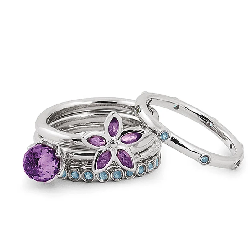 Ladies ring proposal choice-Sterling Silver Stackable Amethyst & Blue Topaz Flower Ring Set