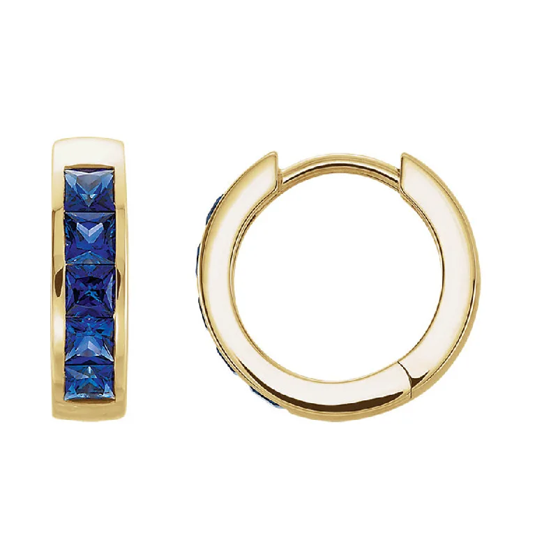 Ladies earrings customer reviews-14k Yellow Gold Created Blue Sapphire Hinged Round Hoop Earrings, 14mm