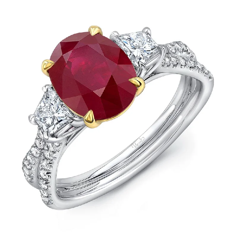 Ladies engagement rings dainty looks-Uneek Precious Collection Three-Stone Oval Shaped Ruby Engagement Ring