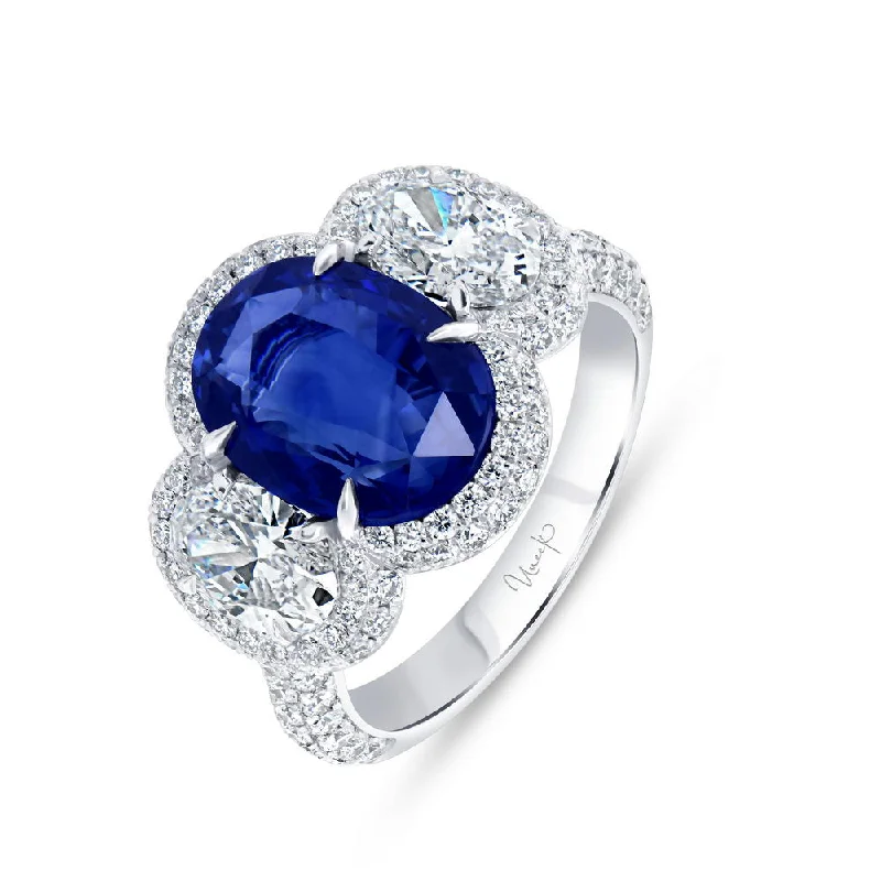 Ladies engagement rings modern flair-Uneek Precious Collection 3-Stone-Halo Oval Shaped Blue Sapphire Engagement Ring