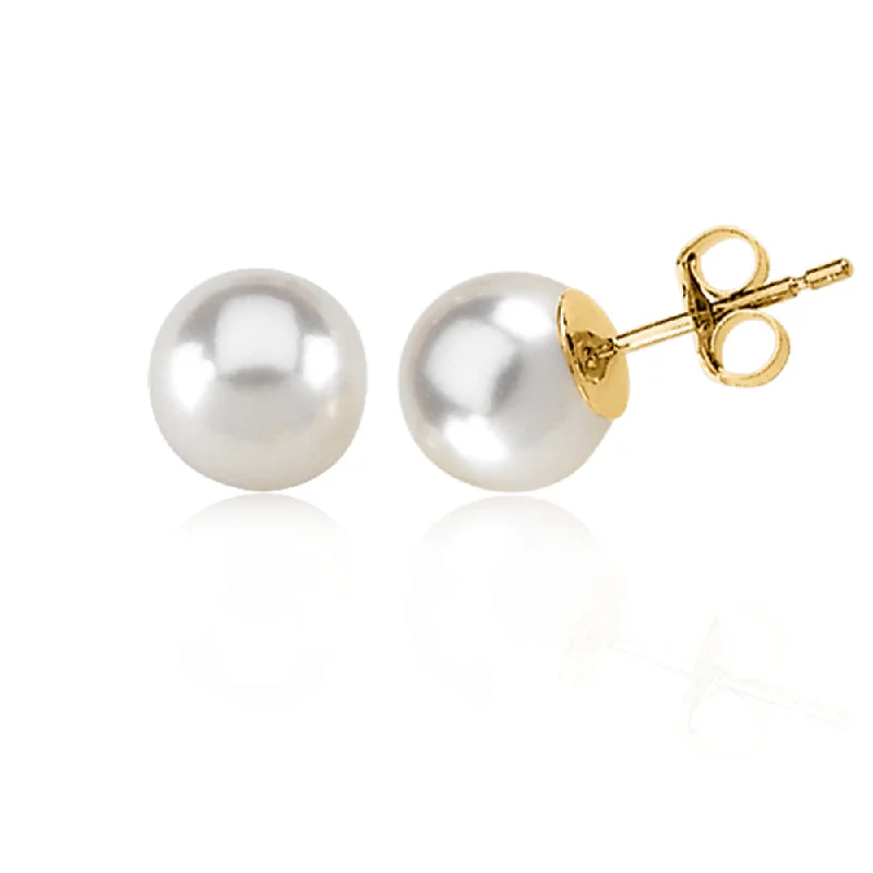 Ladies earrings lightweight feel-8mm White Akoya Cultured Pearl and 14k Yellow Gold Stud Earrings