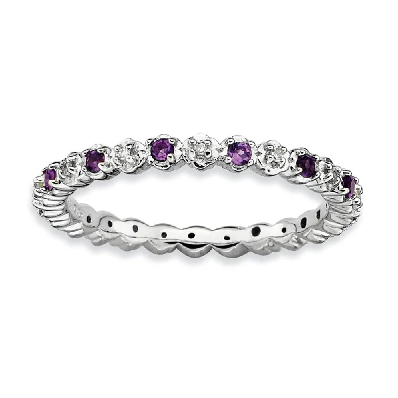 Ladies ring Christmas styles-Rhodium Plate Sterling Silver Stackable Amethyst .04 Ctw Diamond Band