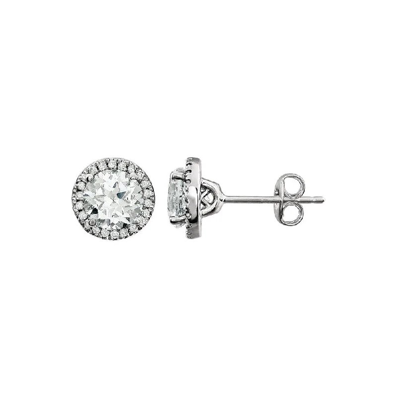 Ladies earrings friendship pairs-8mm Halo Created White Sapphire & Diamond Earrings in 14k White Gold