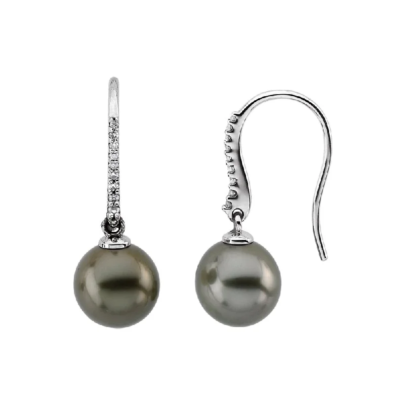 Ladies earrings gold-plated-Gray Tahitian Cultured Pearl & Diamond 14k White Gold Dangle Earrings