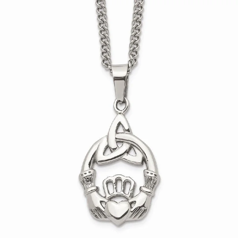 Ladies necklaces animal themes-Stainless Steel Polished Trinity Knot and Claddagh Necklace