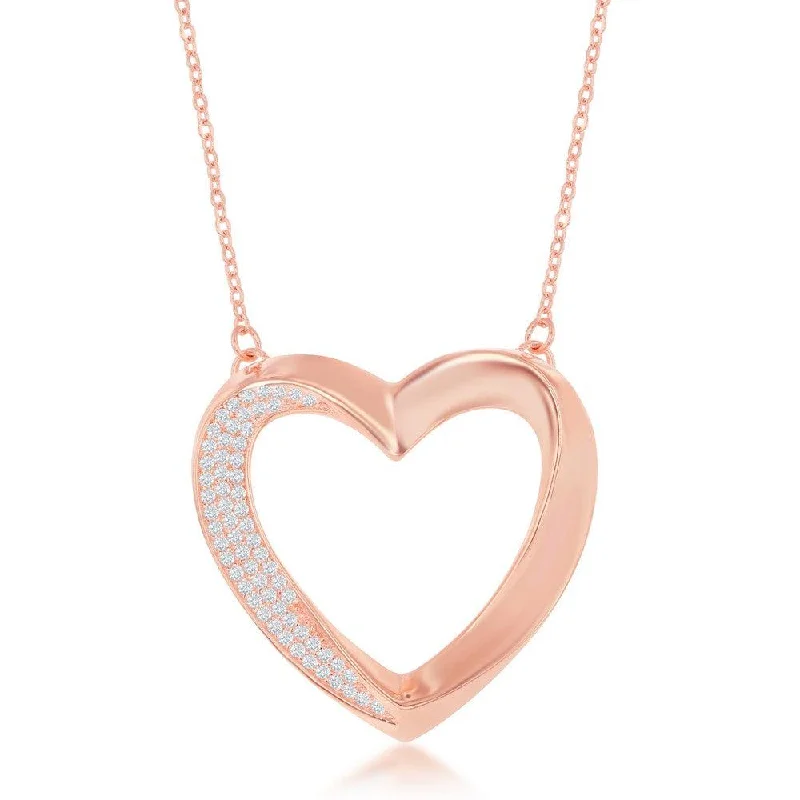 Ladies necklaces European styles-Sterling Silver Half Micro Pave Twisted Open Heart Necklace