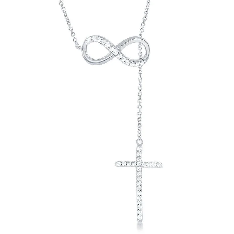 Ladies necklaces custom options-Sterling Silver Half CZ Infinity with Hanging CZ Cross Lariat Necklace