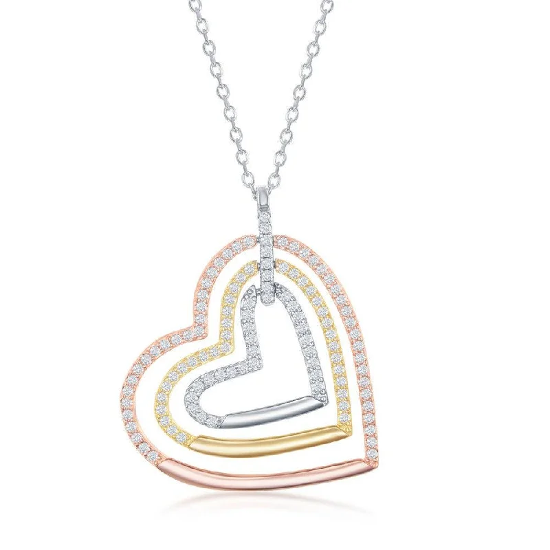 Ladies necklaces casual vibes-Sterling Silver Tri Color Triple Open CZ Heart Necklace