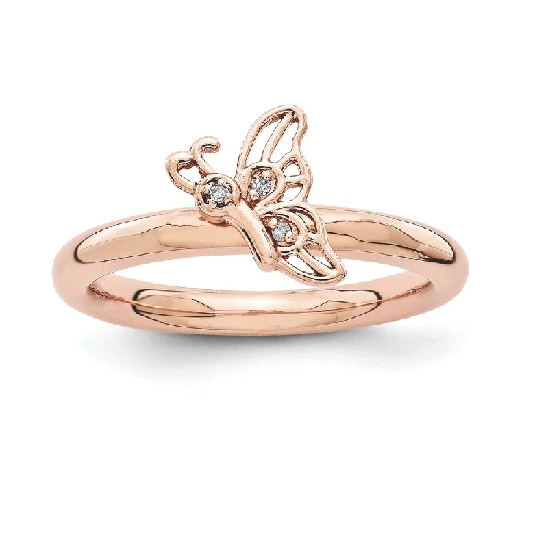 Ladies ring celebrity styles-Rose Gold Tone Sterling Silver .015 Ctw Diamond Butterfly Stack Ring