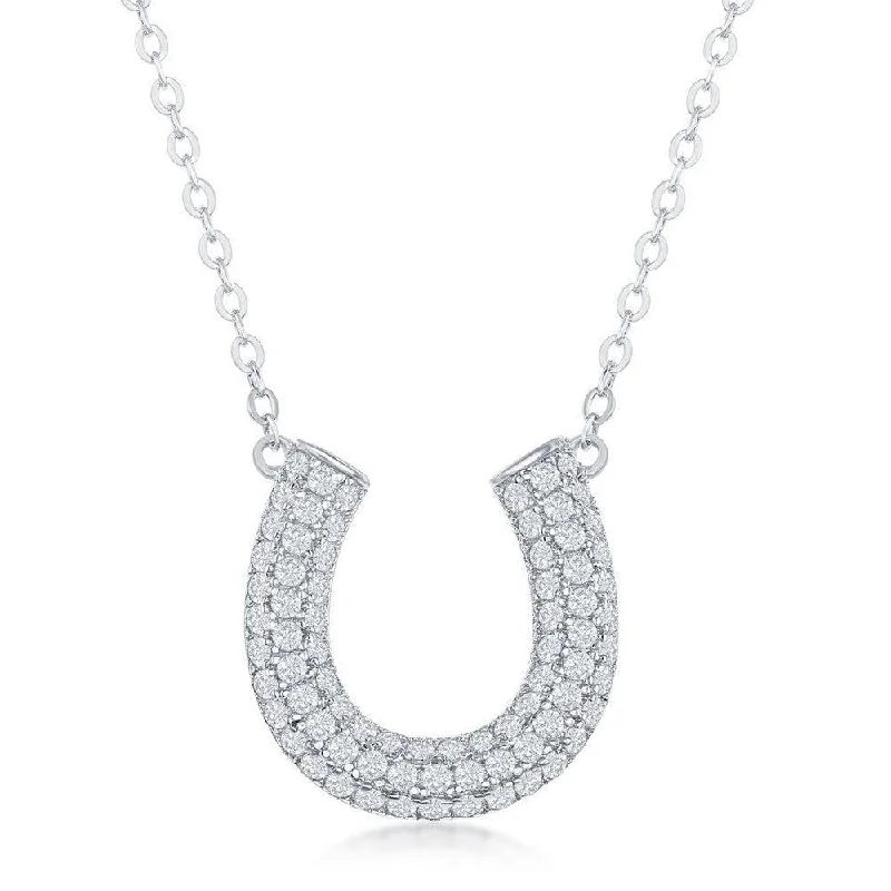 Ladies necklaces animal themes-Sterling Silver Micro Pave Cubic Zirconia Horseshoe Necklace