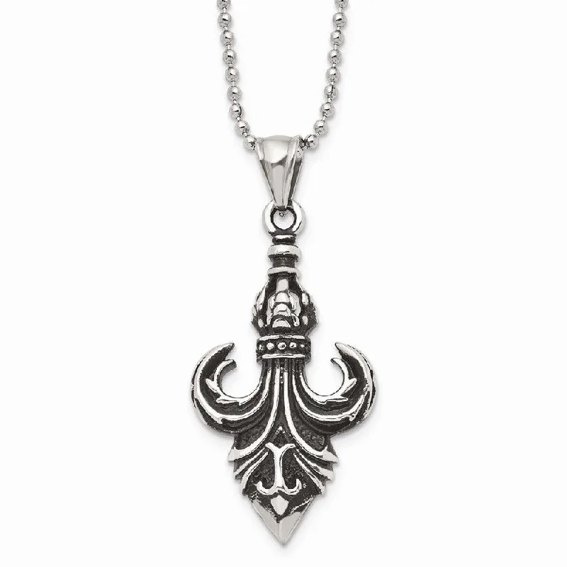 Ladies necklaces anniversary picks-Stainless Steel Antiqued & Polished Fleur de lis Necklace