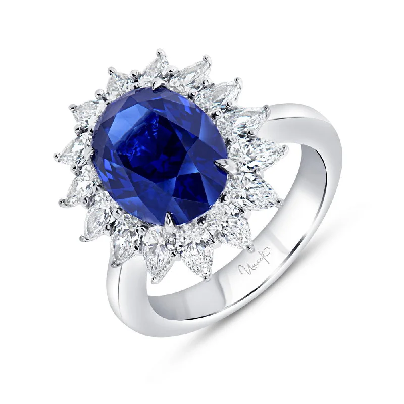 Ladies engagement rings rose gold-Uneek Precious Collection Halo Oval Shaped Blue Sapphire Engagement Ring