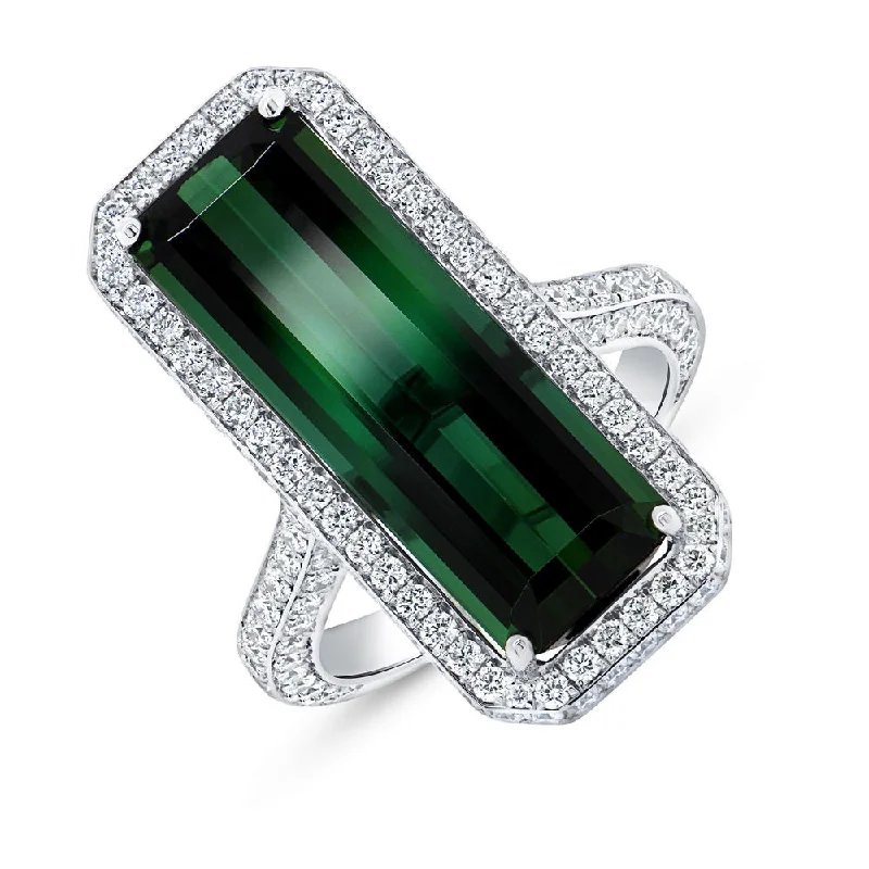 Ladies engagement rings small stones-Uneek Precious Collection Halo Emerald Cut Green Tourmaline Engagement Ring