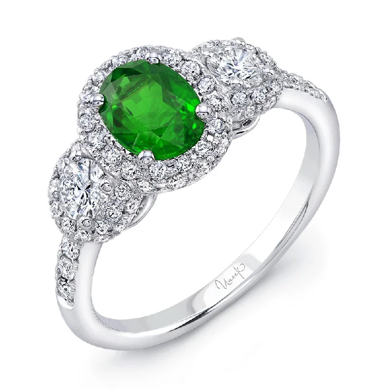 Ladies engagement rings modern flair-Uneek Precious Collection 3-Stone-Halo Oval Shaped Emerald Engagement Ring