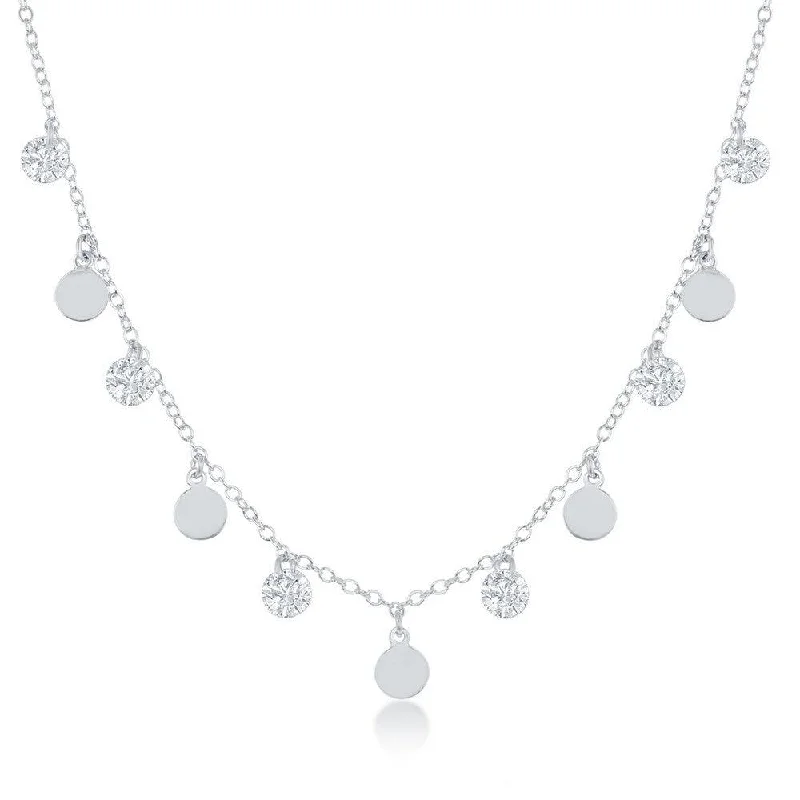 Ladies necklaces natural gems-Sterling Silver Dangling Cubic Zirconia's and Discs Necklace