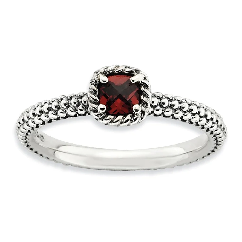 Ladies ring titanium picks-Sterling Silver & Garnet Solitaire Milgrain Band Stackable Ring