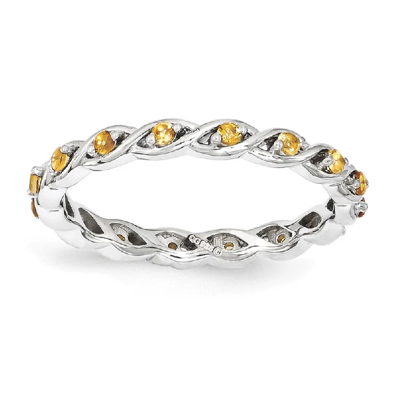 Ladies ring ethnic patterns-2.5mm Rhodium Plated Sterling Silver Stackable Citrine Twist Band