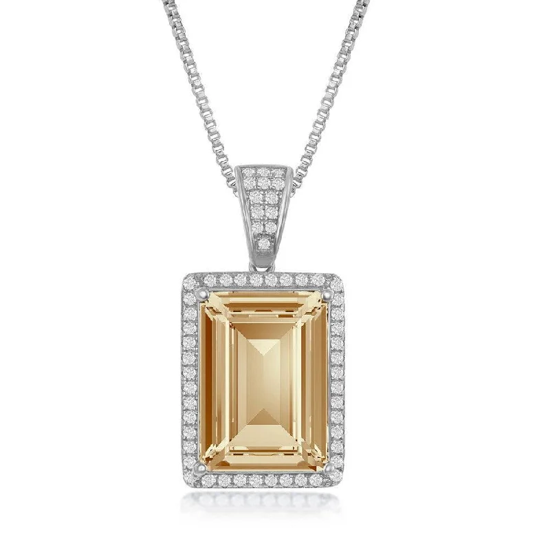 Ladies necklaces latest styles-Sterling Silver CZ and 14x10mm Rectangular Step-Cut Golden Shadow Swarovski Element Necklace