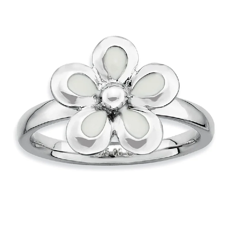 Ladies ring care tips-Sterling Silver Stackable White Enameled Flower Ring