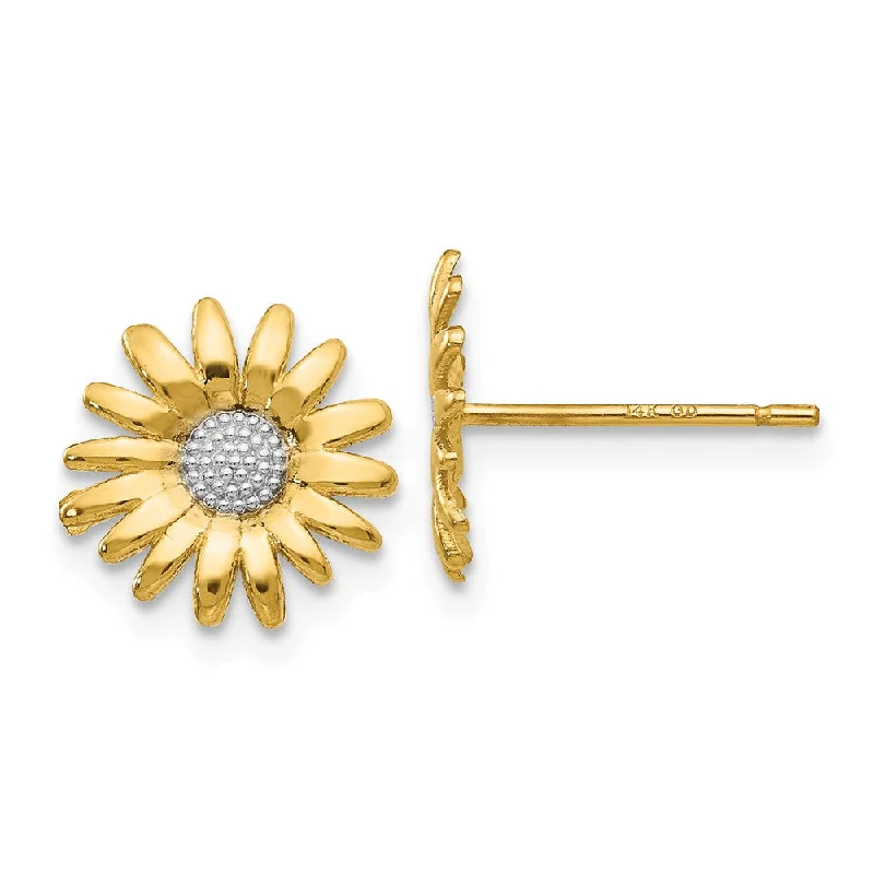 Ladies earrings designer brands-10mm Two Tone Sunflower Post Earrings in 14k Yellow Gold