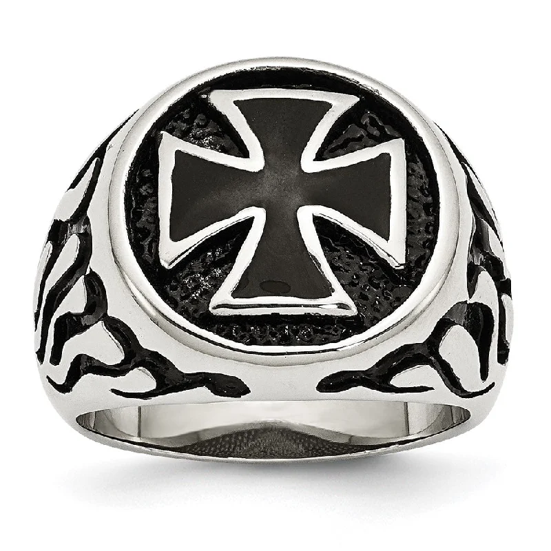 Ladies ring classic looks-Men's 17mm Stainless Steel & Black Plated Maltese Cross Tapered Ring