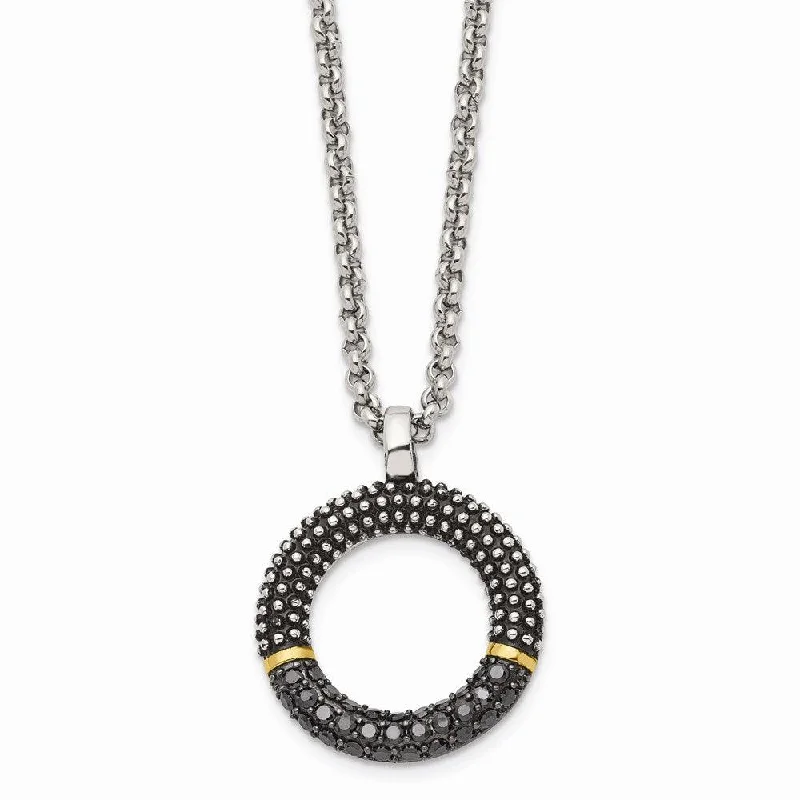 Ladies necklaces retail stores-Stainless Steel Black CZ with Yellow IP-plated Antiqued Circle Necklace