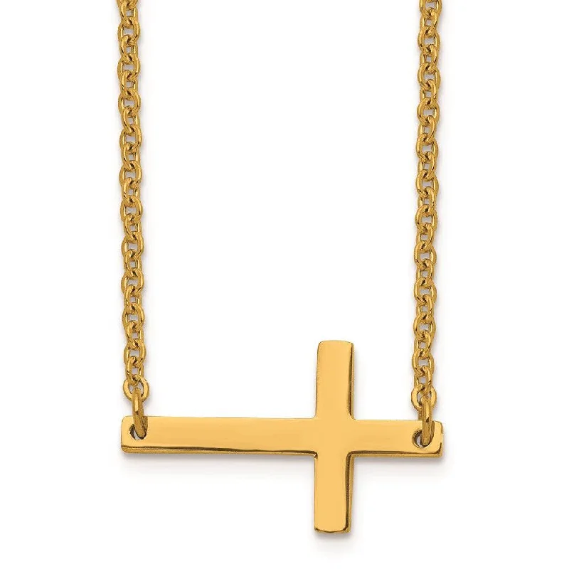 Ladies necklaces pearl strands-Stainless Steel Yellow IP-plated Sideways Cross 18in Necklace