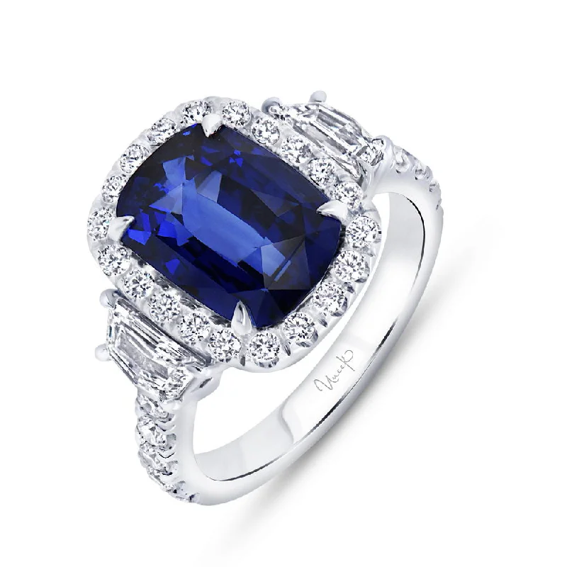 Ladies engagement rings minimalist charm-Uneek Precious Collection 3-Stone-Halo Cushion Cut Blue Sapphire Engagement Ring