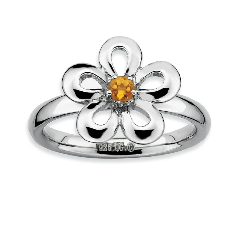 Ladies ring rose gold-Silver Stackable 13mm 1/10 Carat Citrine Flower Ring