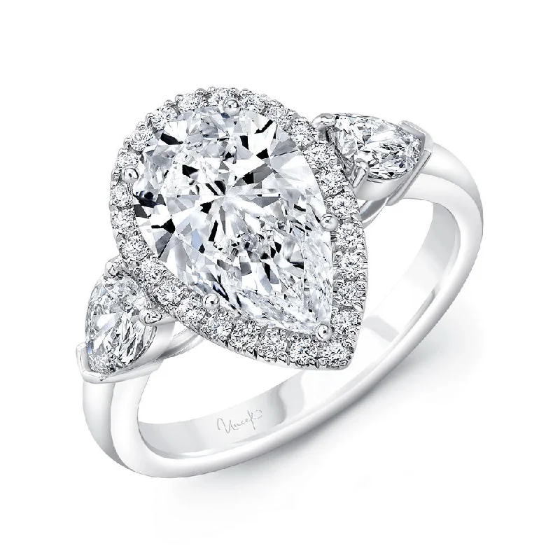 Ladies engagement rings ethical sourcing-Uneek Signature Collection 3-Stone-Halo Pear Shaped Diamond Engagement Ring