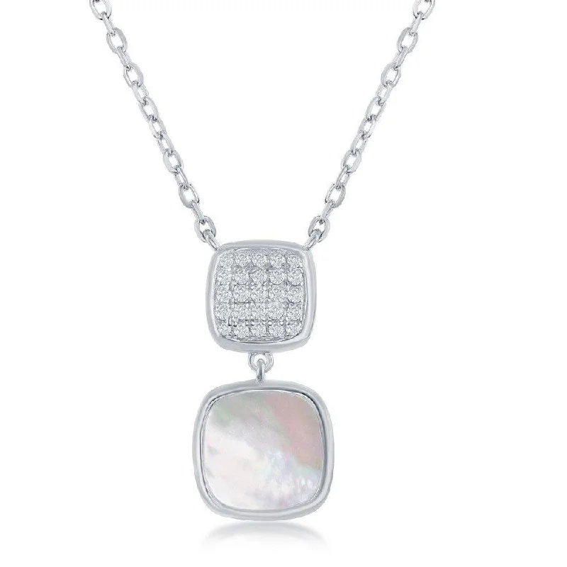 Ladies necklaces openwork patterns-Sterling Silver Micro Pave and MOP Double Square Necklace