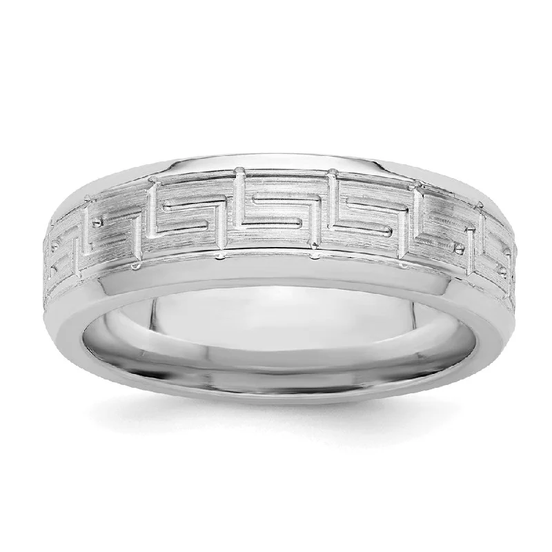 Ladies ring party wear-6mm Rhodium Plated Sterling Silver Brushed Greek Key Beveled Edge Band