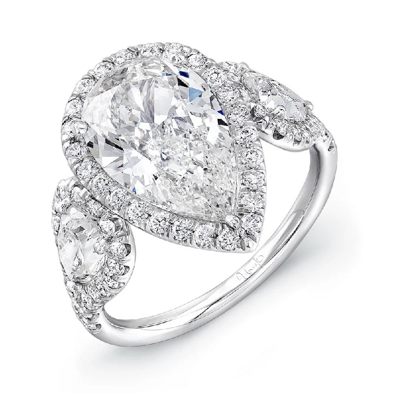 Ladies engagement rings pear cut-Uneek Signature Collection 3-Stone-Halo Pear Shaped Diamond Engagement Ring