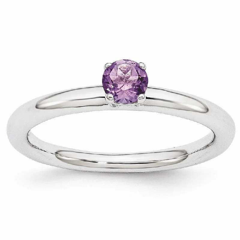 Ladies ring 925 silver-Rhodium Plated Sterling Silver Stackable 4mm Round Amethyst Ring