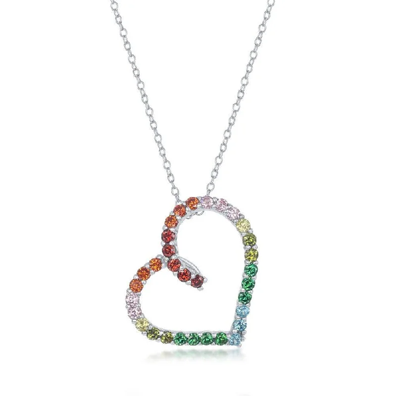 Ladies necklaces length guide-Sterling Silver Open Heart Rainbow Cubic Zirconia Necklace