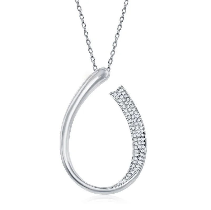 Ladies necklaces sterling silver-Sterling Silver Half Micro Pave J-Design Necklace