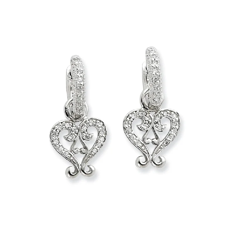 Ladies earrings girlfriend gifts-Rhodium Sterling Silver & CZ Heart, Hinged Hoop Earrings, 12 x 25mm