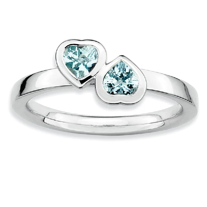 Ladies ring couple sets-Sterling Silver Stackable Double Heart Aquamarine Ring