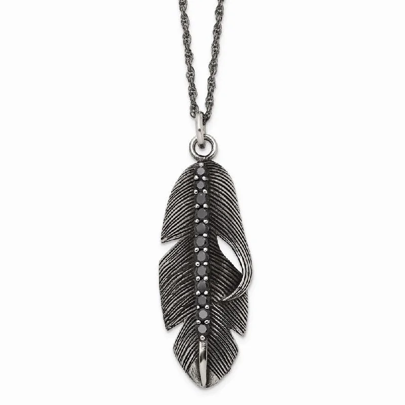 Ladies necklaces rose gold-Stainless Steel Polished/Antiqued Feather w/Black CZ Necklace