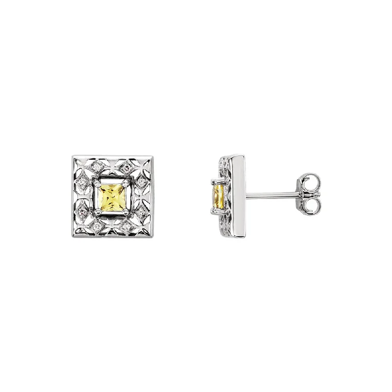 Ladies earrings daily wear-Canary Yellow Sapphire & Diamond 14k White Gold Square Post Earrings