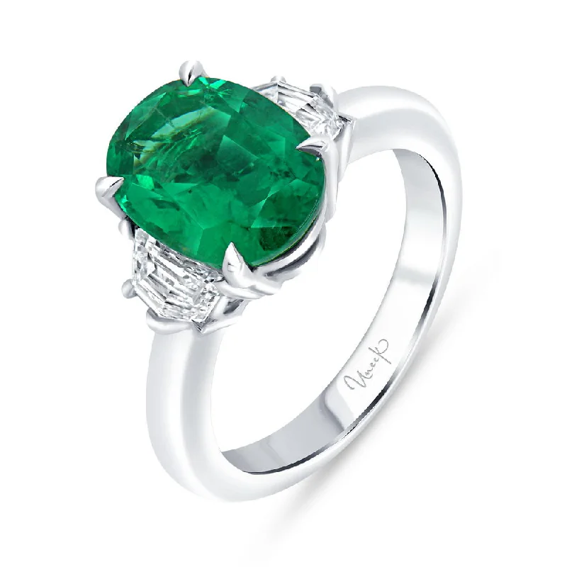 Ladies engagement rings matching sets-Uneek Precious Collection Three-Stone Oval Shaped Emerald Engagement Ring