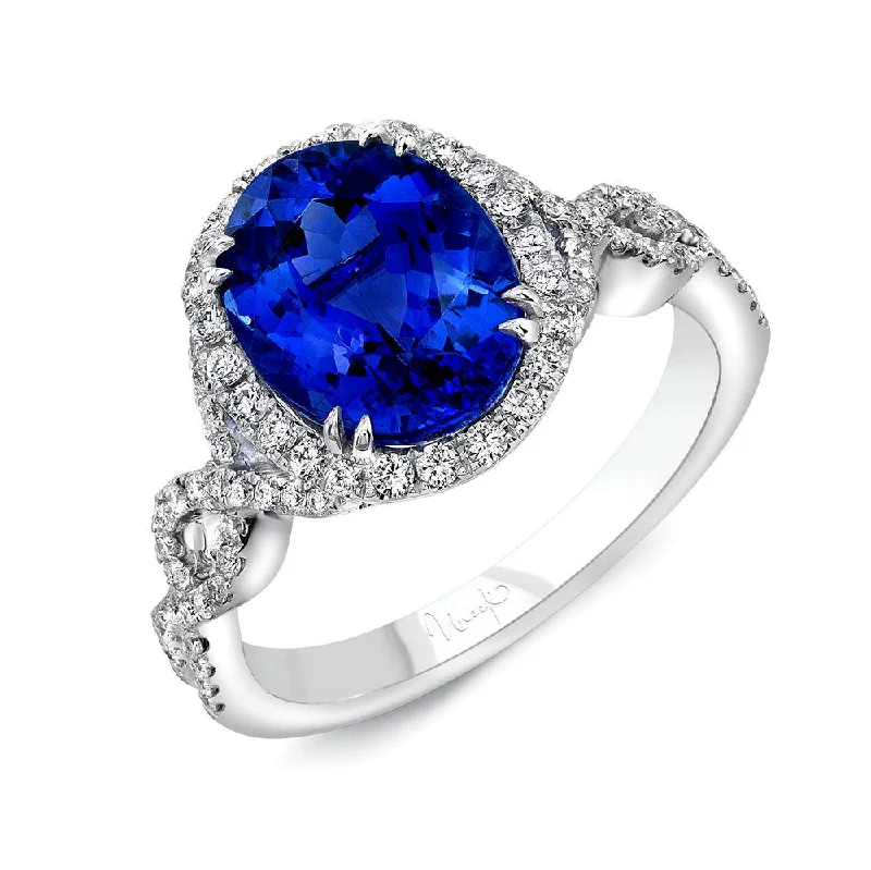 Ladies engagement rings bold statements-Uneek Oval Tanzanite Halo Engagement Ring with Ribbon-Style Crisscross Upper Shank