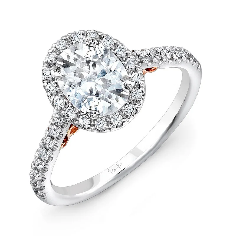 Ladies engagement rings solitaire stones-Uneek Fiorire Oval Diamond Halo Engagement Ring with Pave Shank