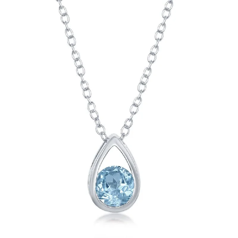 Ladies necklaces office looks-Sterling Silver Open Pear Shaped Round Blue Topaz Necklace